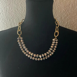 Grey Beaded Layered Necklace Gold Tone Chain